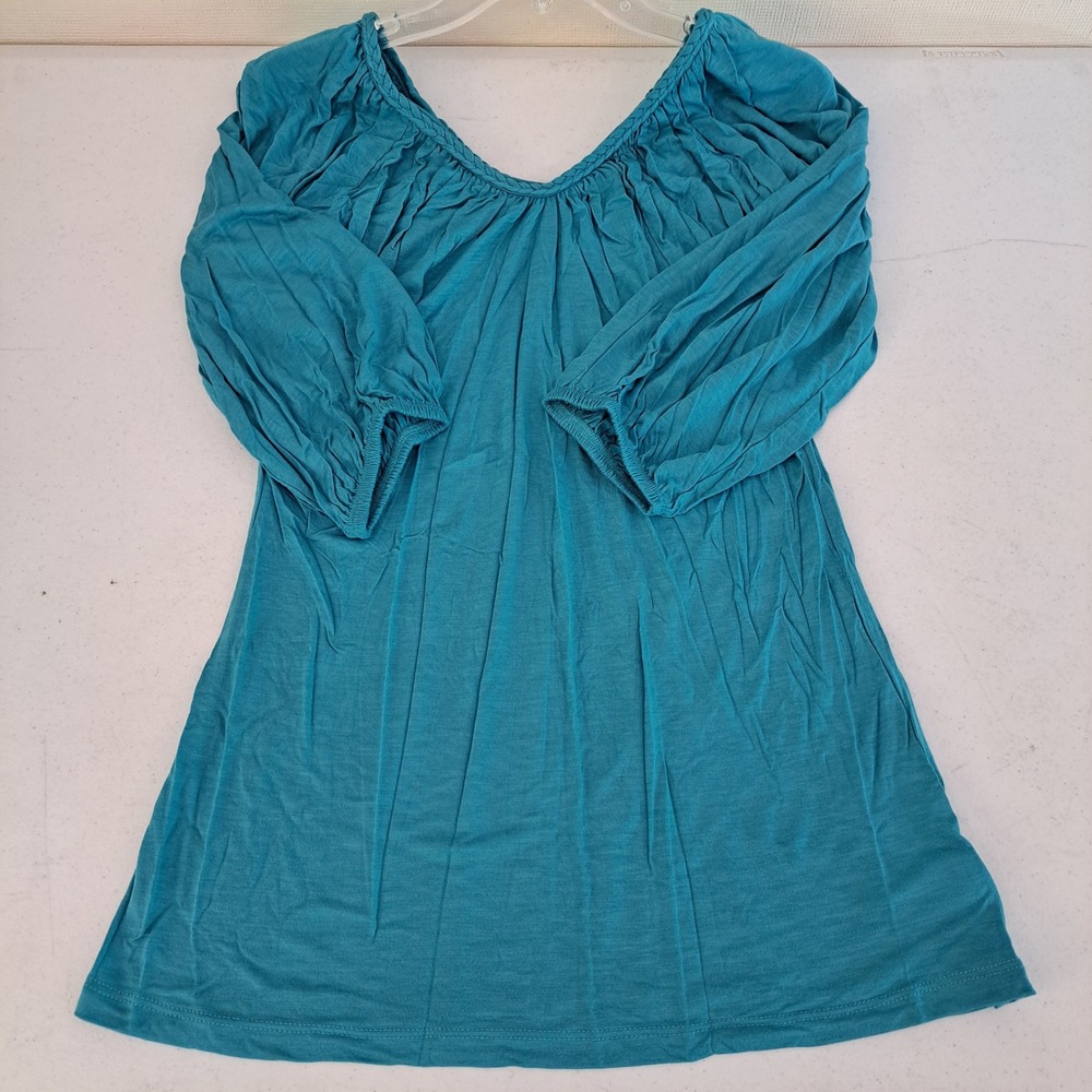 Jordache Womens L Tunic Top 3/4 Sleeve Braided Neck Turquoise NWT 1419-325